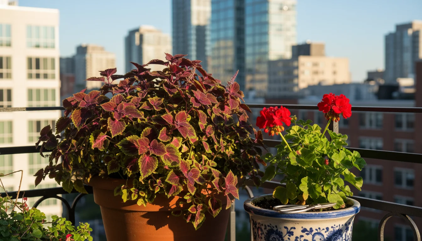 Vibrant variegated coleus and a blooming red geranium in pots on a sunny urban balcony, with small bypass pruners nearby.
