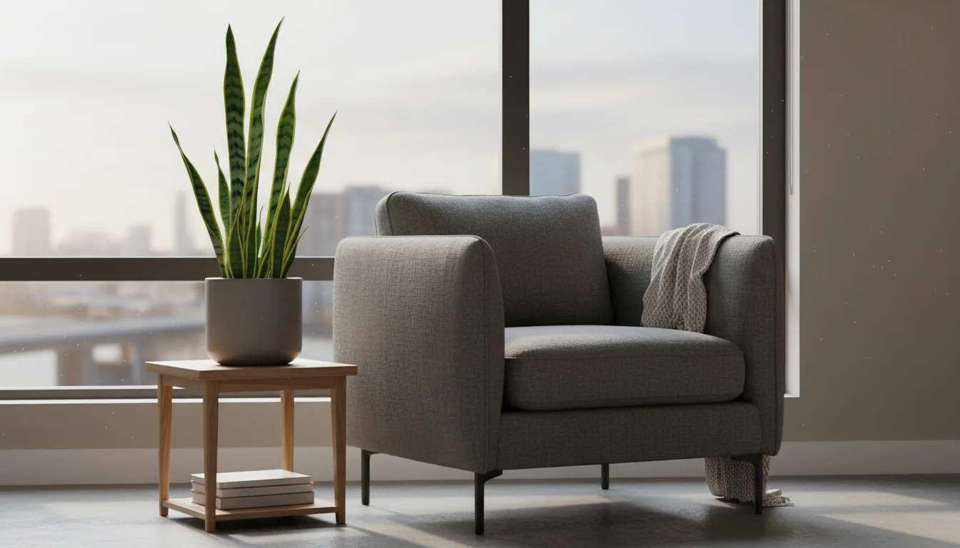 A vibrant variegated Snake Plant in a modern grey pot sits on a wooden side table next to an armchair in a softly lit, contemporary living space.