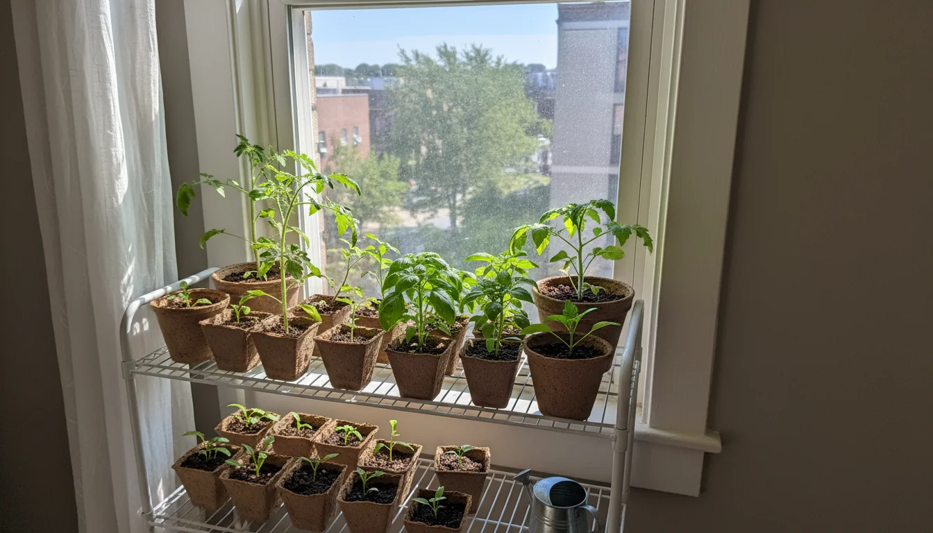 Vibrant vegetable seedlings, like tomato and basil, thrive on a multi-tiered wire shelf next to a bright window with a sheer curtain, optimizing growt