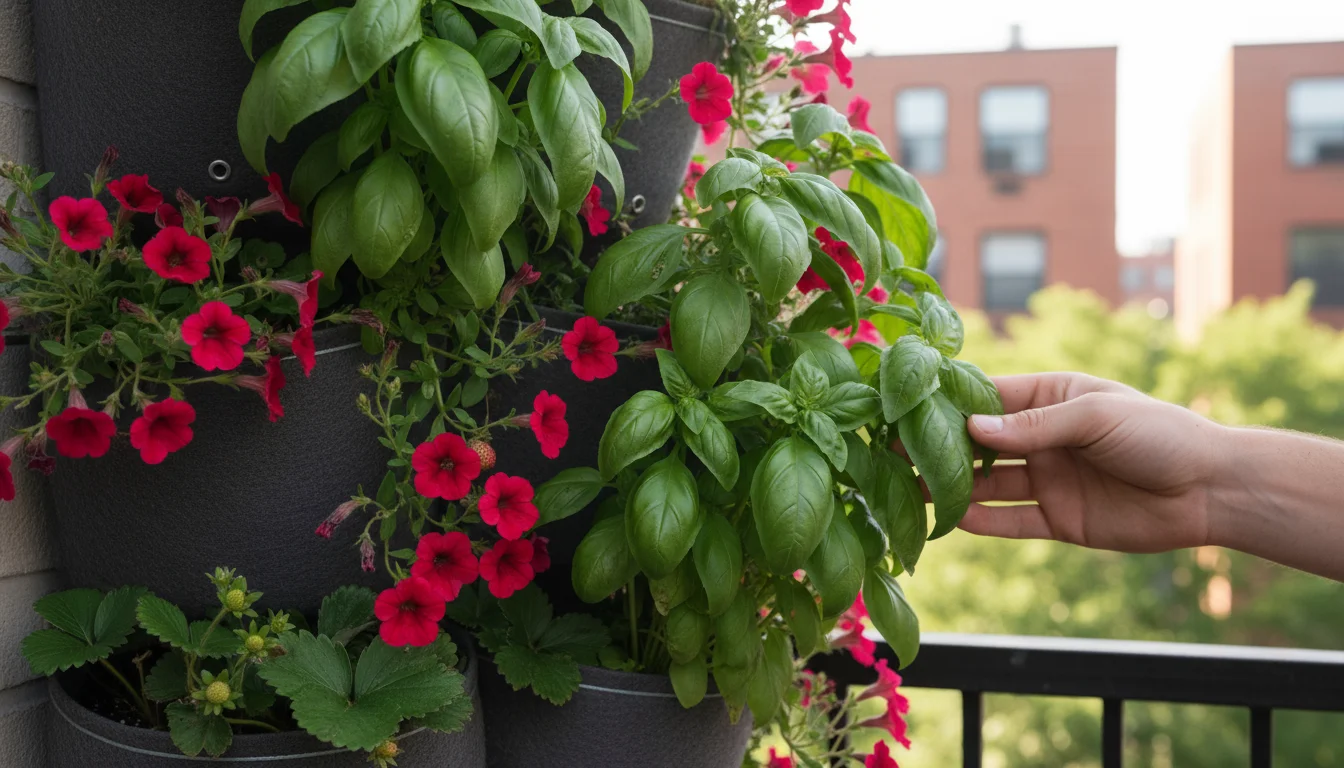 Close-up of a vibrant vertical container garden section: lush basil, red flowers, and green strawberries. A hand gently tends a leaf.