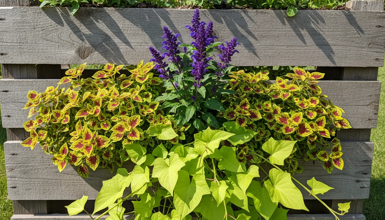Vibrant close-up of a vertical pallet garden section featuring purple salvia (thriller), variegated coleus (filler), and sweet potato vine (spiller).