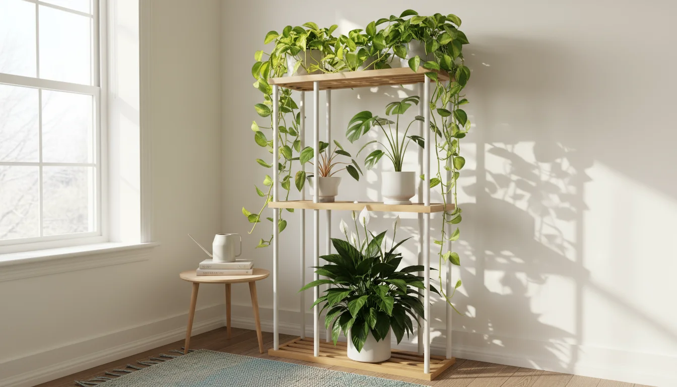 A vibrant vertical plant stand holds thriving Pothos, Philodendron, Monstera, and Peace Lily in a bright apartment nook.