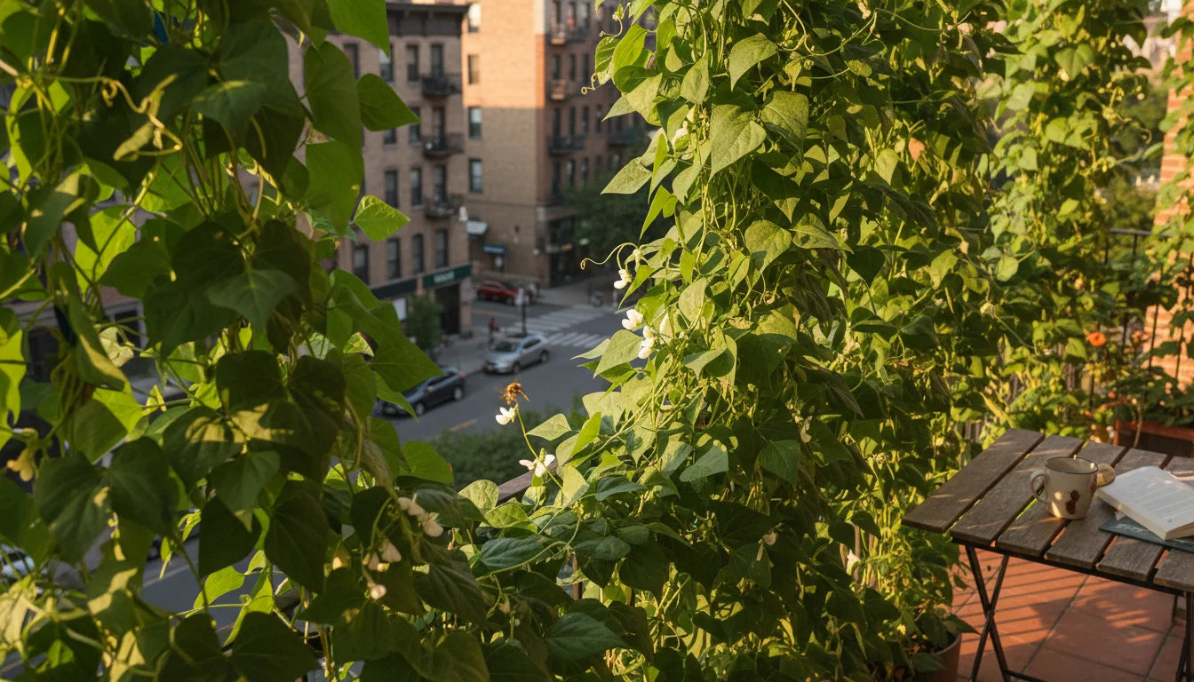 Vibrant vining beans grow on a balcony trellis, forming a green curtain against a blurred backdrop of urban apartment buildings.