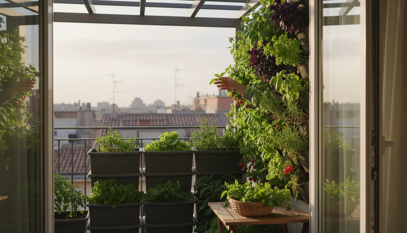 A vibrant wall-mounted vertical garden on an urban balcony. A hand plucks basil from lush herbs and small vegetables growing in a compact system.