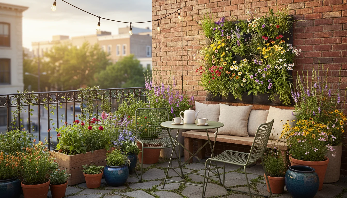 A vibrant, well-designed corner of a small urban patio with diverse native plants in various containers and a full vertical garden.