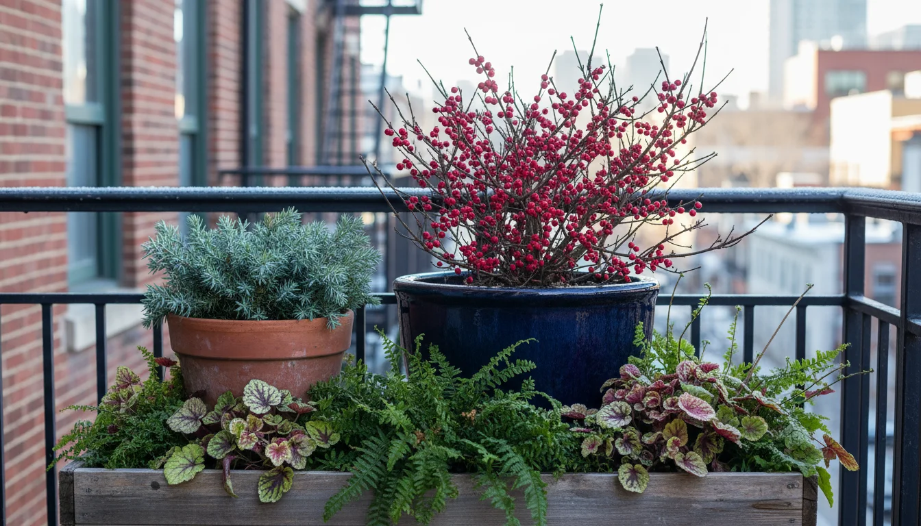 A vibrant winter container display on an urban balcony featuring a leafless winterberry holly with red berries, a 'Blue Star' juniper, ferns, and vari