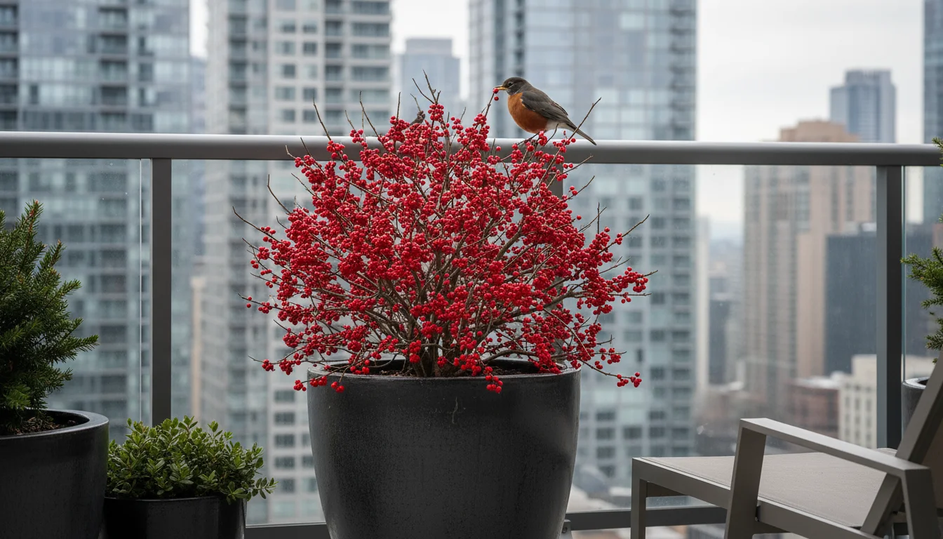 A vibrant winterberry shrub in a gray pot on an urban balcony, with an American robin eating bright red berries on bare branches.