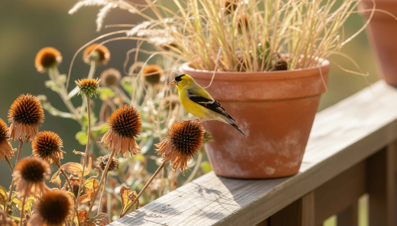 A vibrant yellow goldfinch perches on a dried coneflower seed head in a terracotta pot, actively eating seeds.