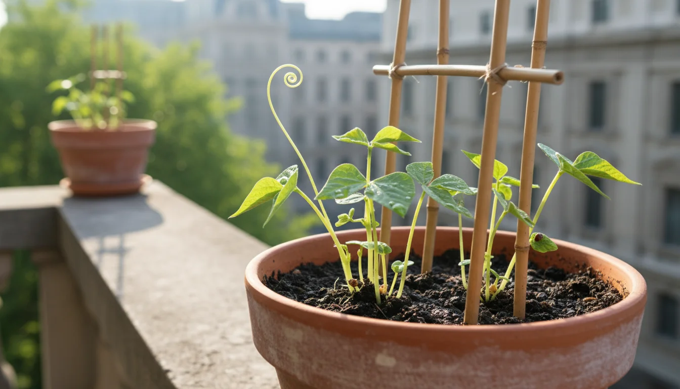 Close-up of vibrant young bean seedlings in a terracotta balcony planter, a tendril delicately starting to curl around a bamboo trellis, with soft mor
