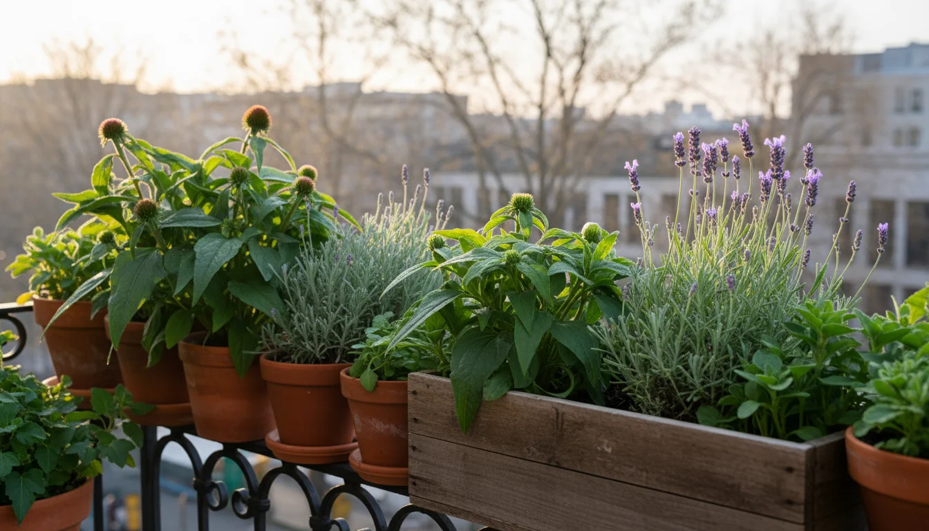Vibrant young coneflower and lavender plants thriving in pots on an urban balcony in early spring.