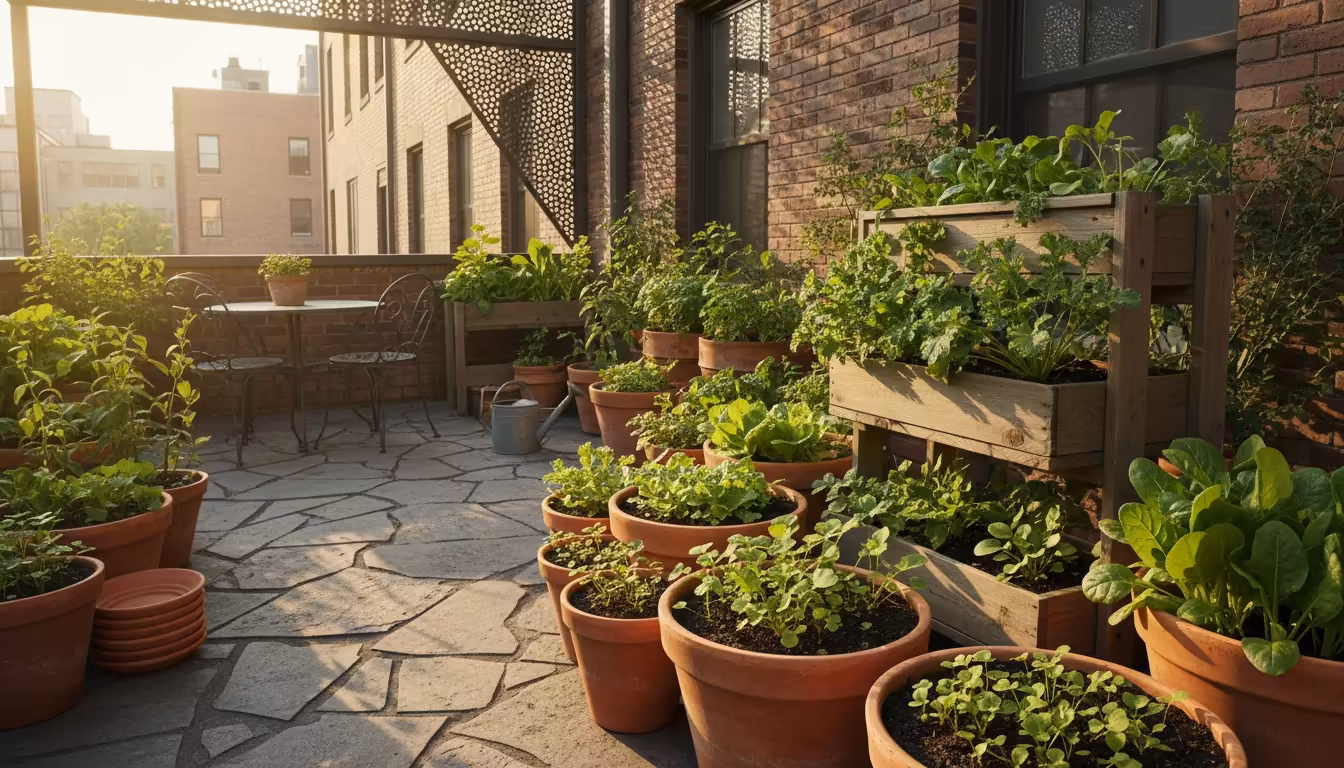 Vibrant young leafy greens and radishes thrive in terracotta pots and wooden boxes on a sun-drenched patio, hinting at a successful July planting.