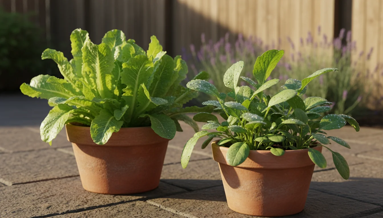 Vibrant young lettuce, radish, and spinach plants bursting with vigorous growth in two terracotta pots on a sunny patio.