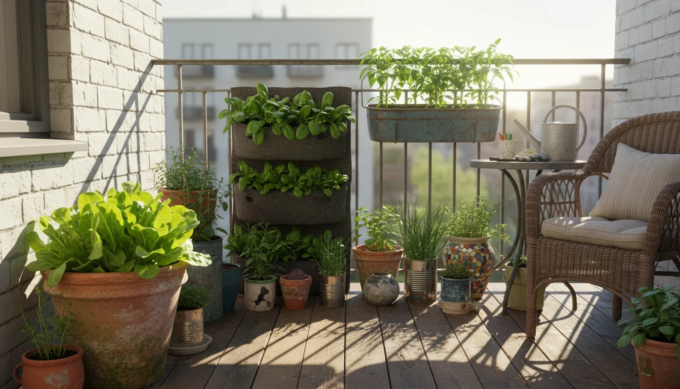 Vibrant young lettuce, spinach, and pepper plants in containers on a sunny urban balcony, casting sharp shadows.
