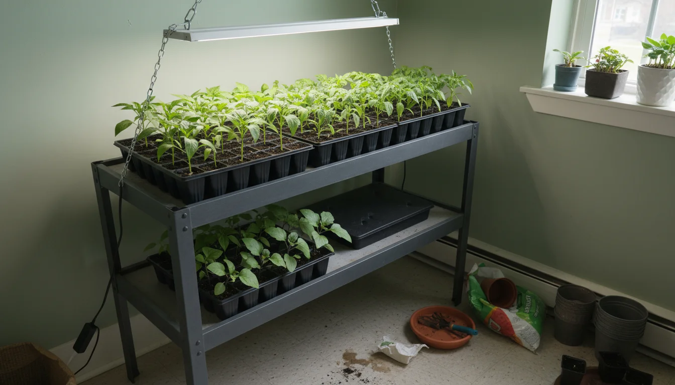 Close-up of vibrant young pepper, eggplant, and tomato seedlings on a heat mat under a grow light in an apartment.
