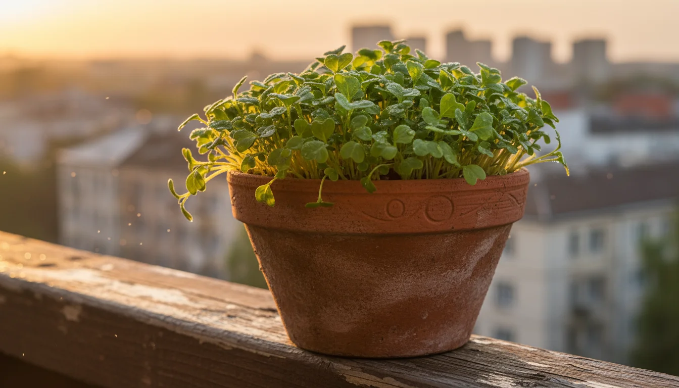 Vibrant young radish seedlings with water droplets in a terracotta pot on a weathered wooden balcony railing, bathed in golden sunlight.