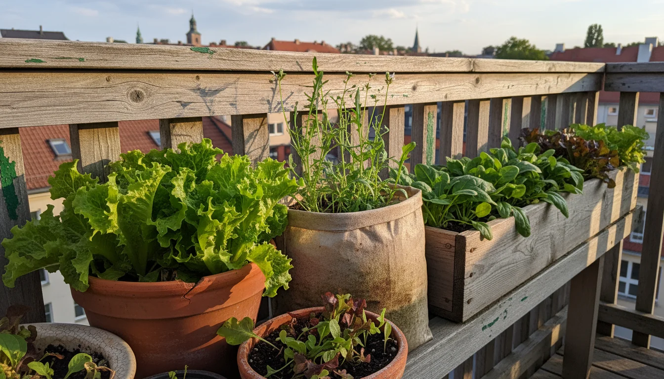 Vibrant young salad greens in various containers on a sunny balcony railing, showing different stages of growth for succession planting.