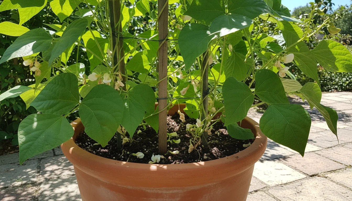 Vigorous green bean plant in a container on a sunny patio, with dried, dropped flowers on the soil. A hand adjusts a temporary shade cloth.