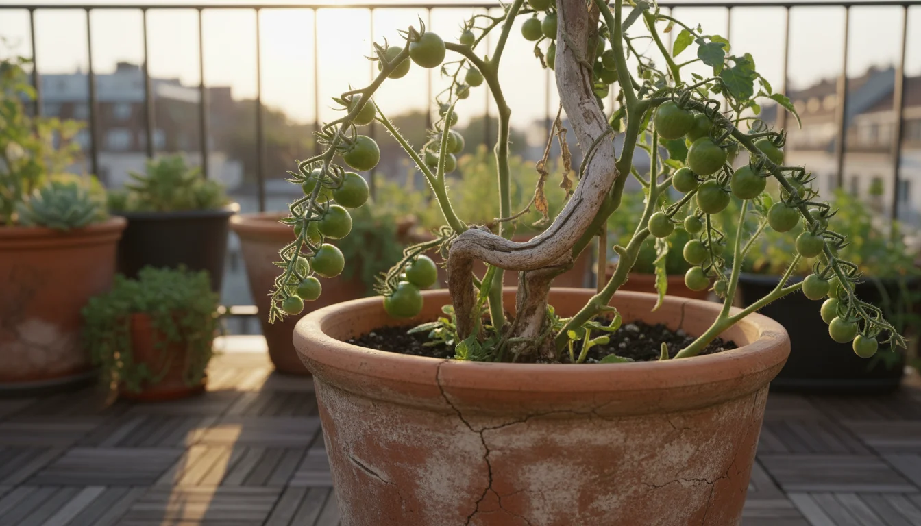 Vining cherry tomato plant climbing a rustic Christmas tree branch support in a terracotta pot on an urban balcony.