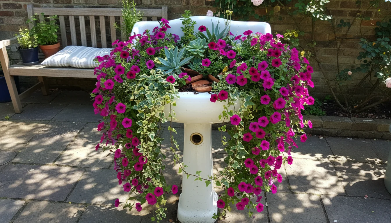 A vintage white pedestal sink overflowing with vibrant pink calibrachoa flowers and green trailing plants on a sunny patio, repurposed as a quirky pla
