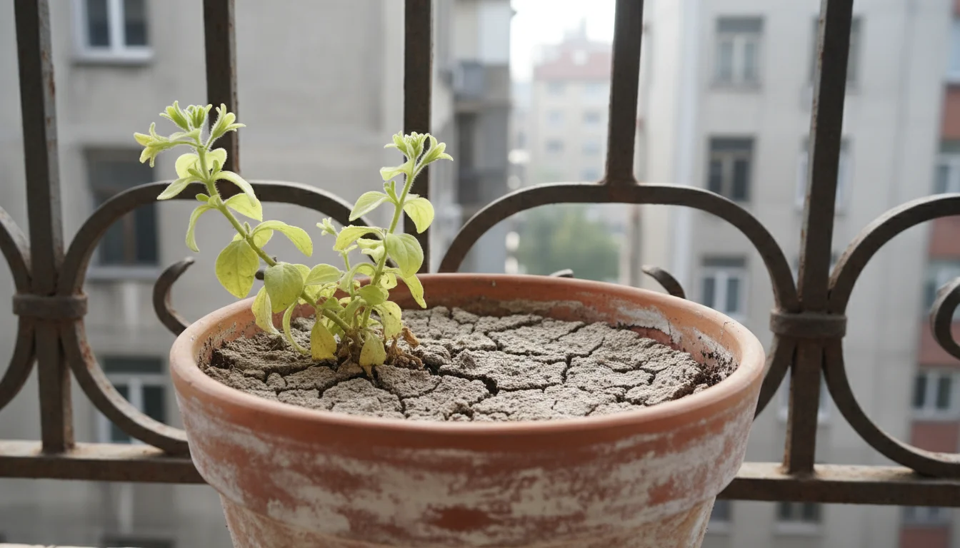 A visibly struggling, pale annual plant in an old terracotta pot on an urban balcony. The dry, shrunken soil is clearly depleted and compacted.