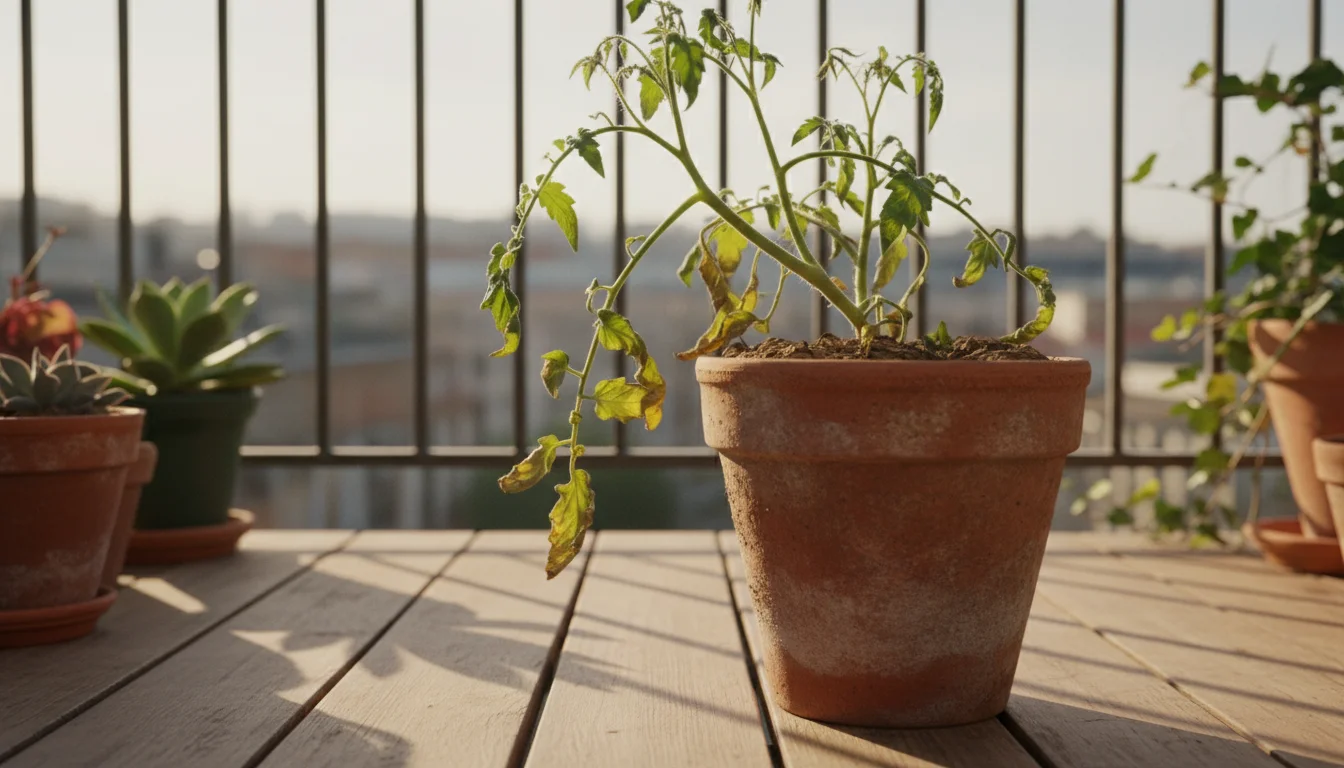 A visibly wilting tomato plant with droopy leaves in a terracotta pot, showing dry soil, on a sunny urban balcony with a watering can nearby.