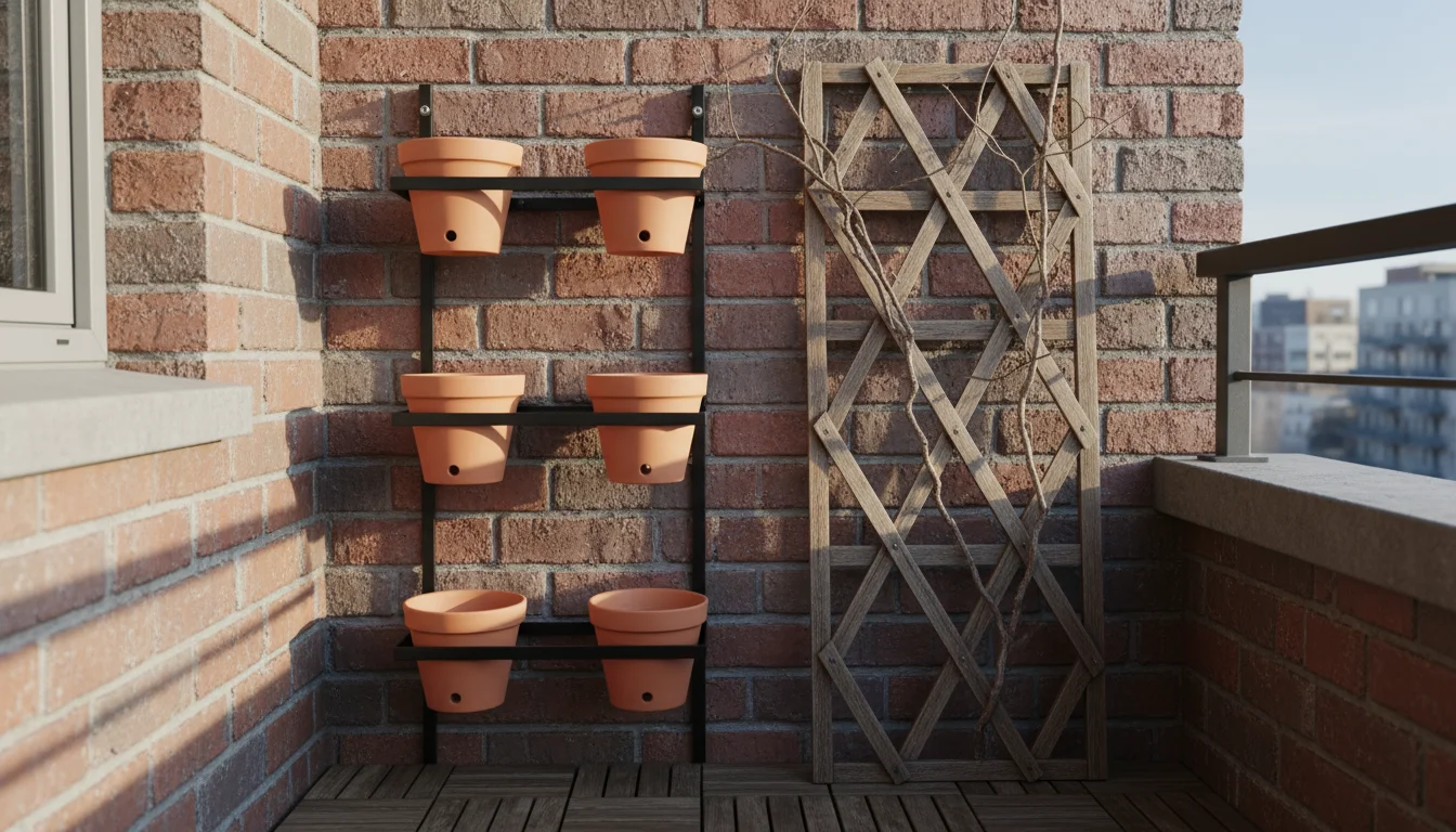 Wall-mounted metal vertical planter with empty terracotta pots and a wooden trellis on a small city balcony.