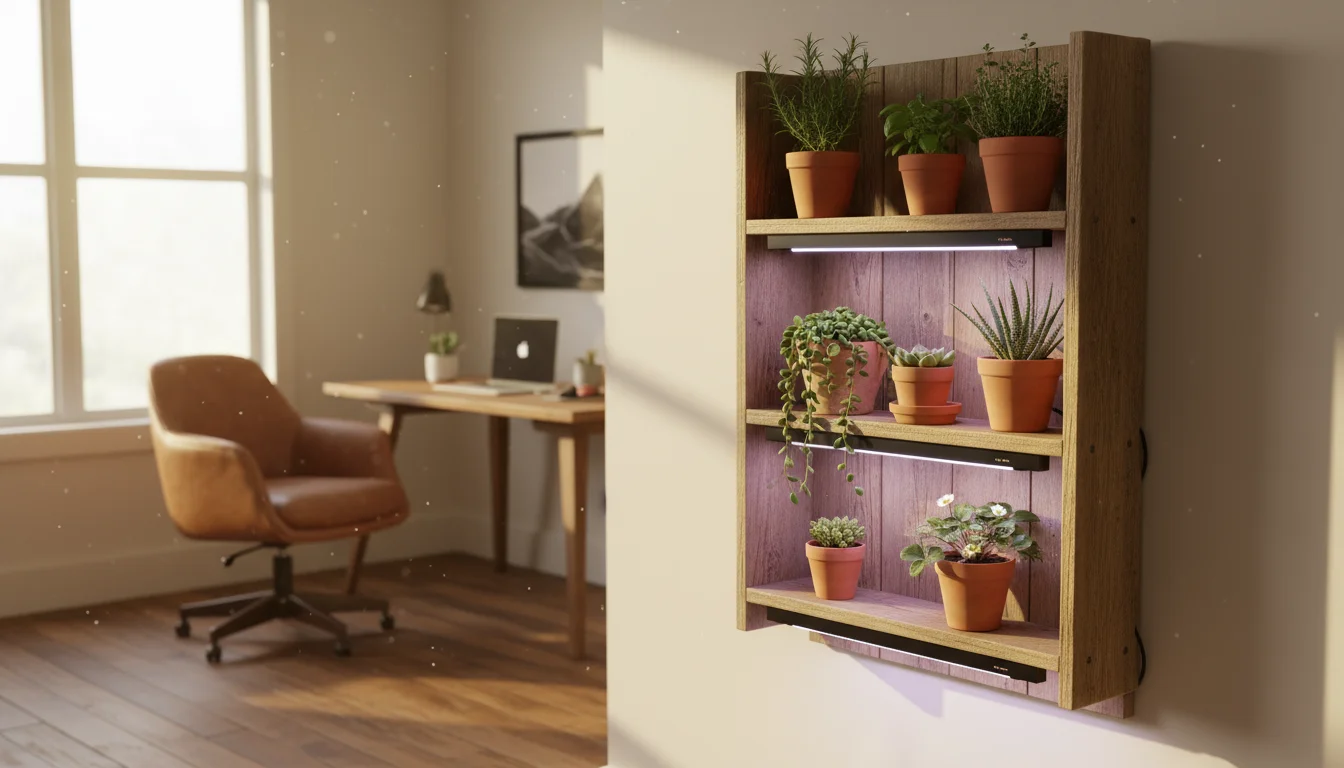 Wall-mounted rustic shelves with potted herbs and succulents under slim, adjustable LED grow lights and a digital timer in a small corner.