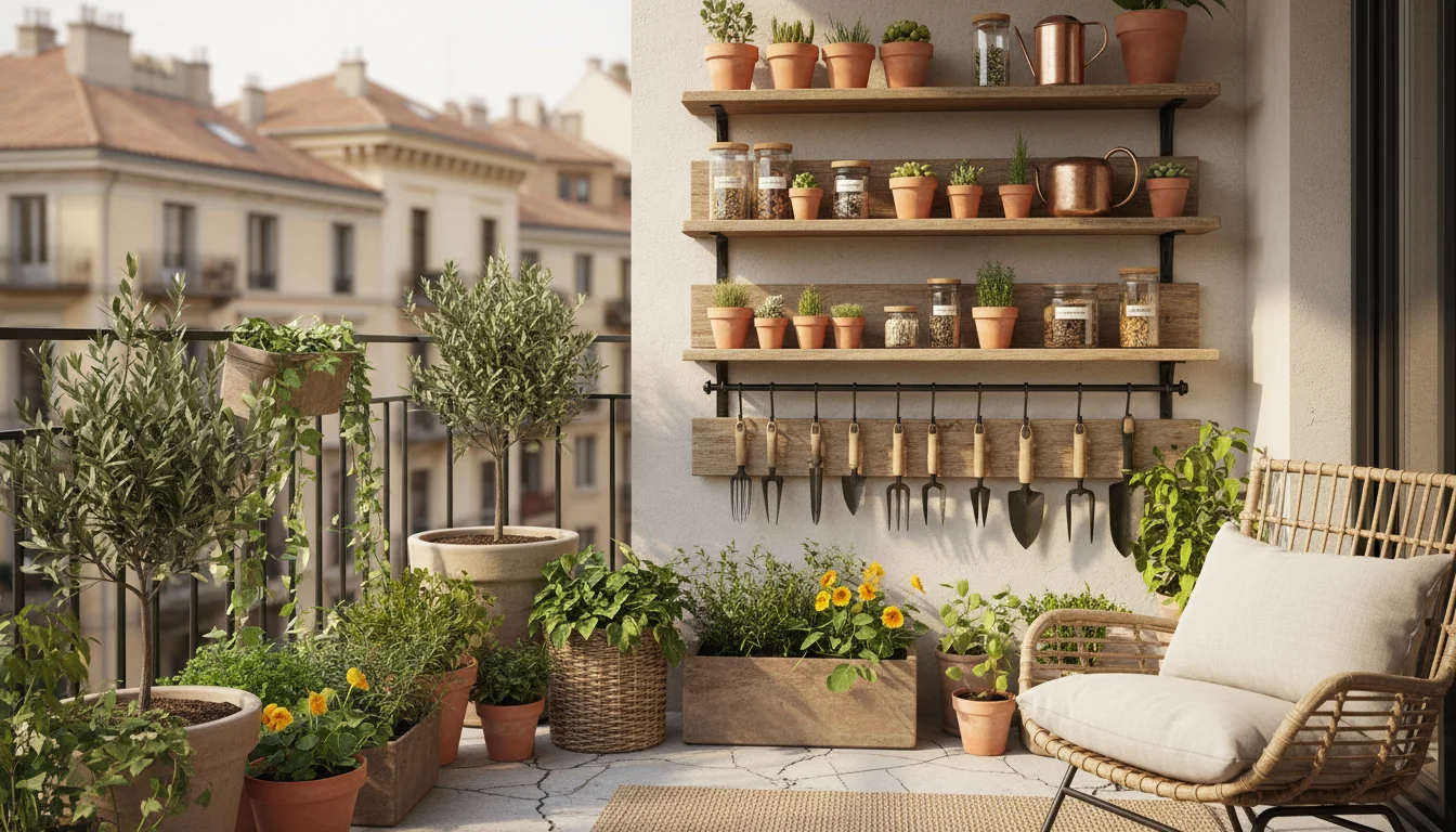 Wall-mounted shelves on a small, sunlit urban balcony, neatly holding gardening supplies like terracotta pots, seed jars, hand tools, and a watering c