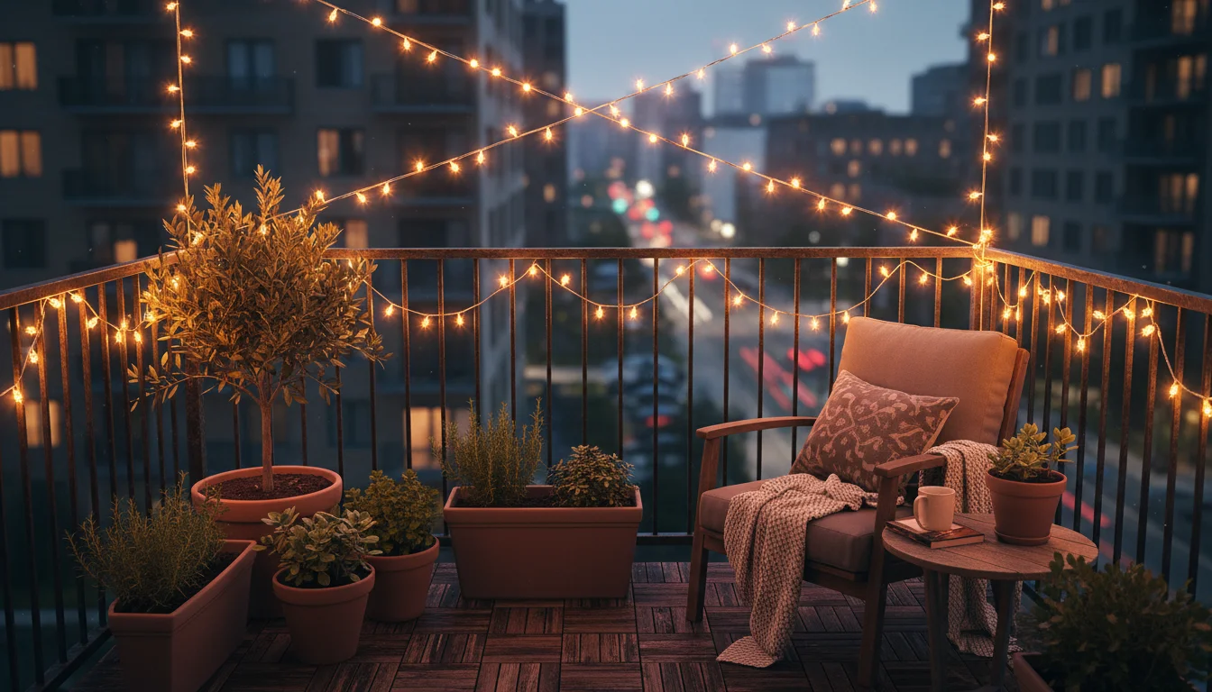 Warm amber LED string lights criss-cross overhead and along a railing, creating a cozy, inviting sanctuary on a small urban balcony with container pla
