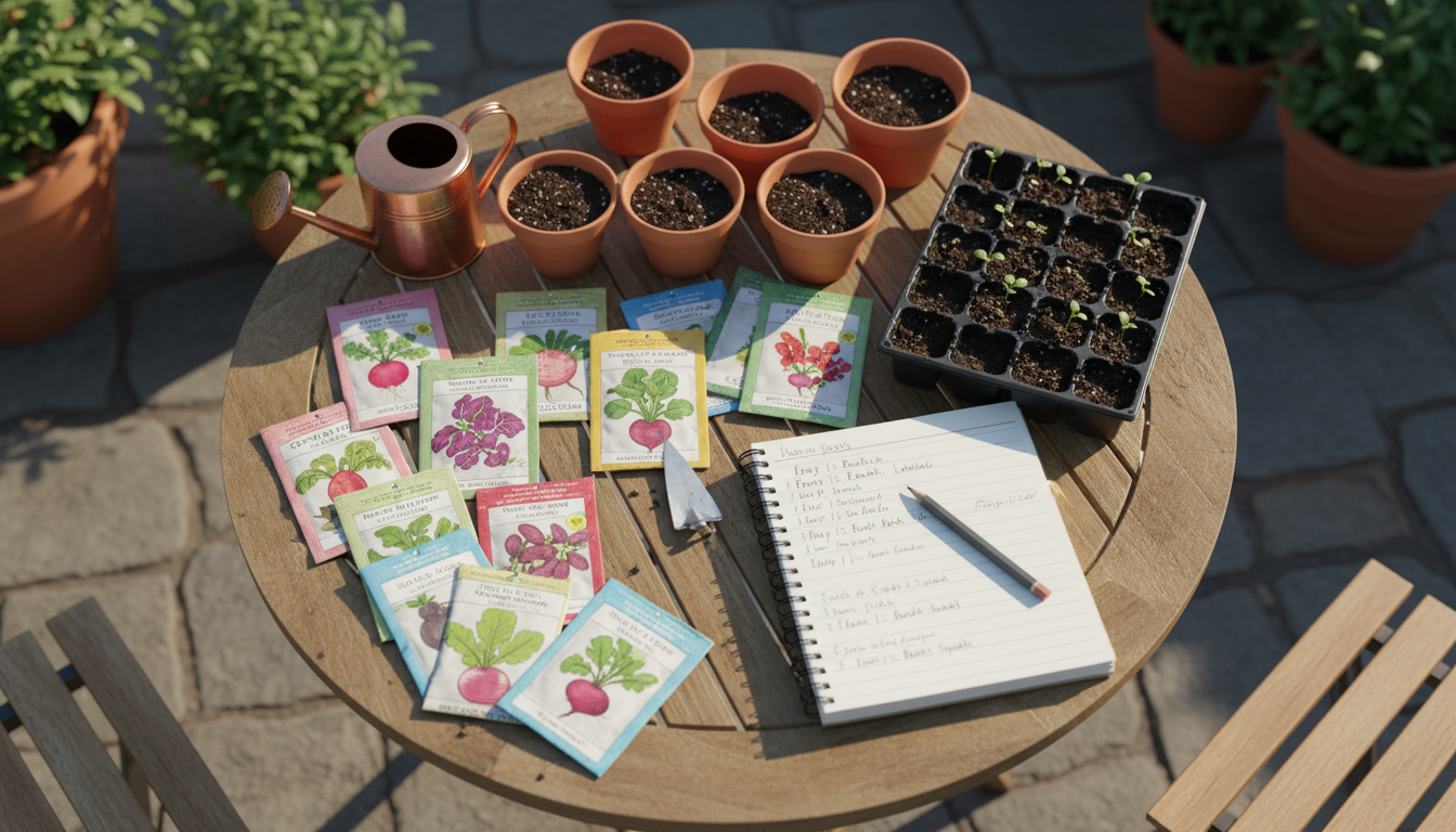 A person's hand checks the soil moisture of a vibrant container tomato plant on a sun-drenched patio, with a copper watering can nearby.