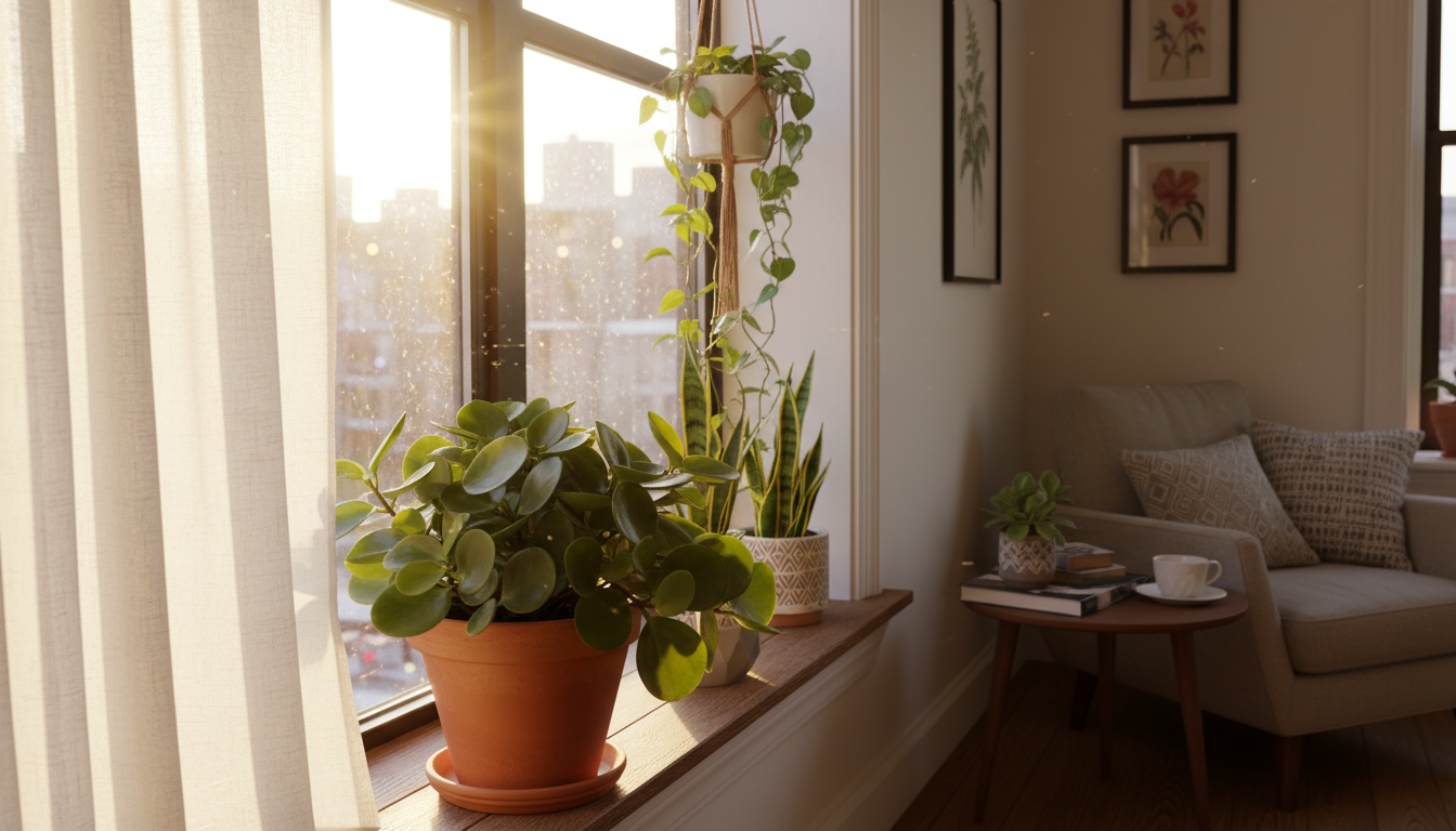 Indoor scene showing container plants at different light levels: a snake plant in a dim corner and a Pothos in bright indirect light near a window.