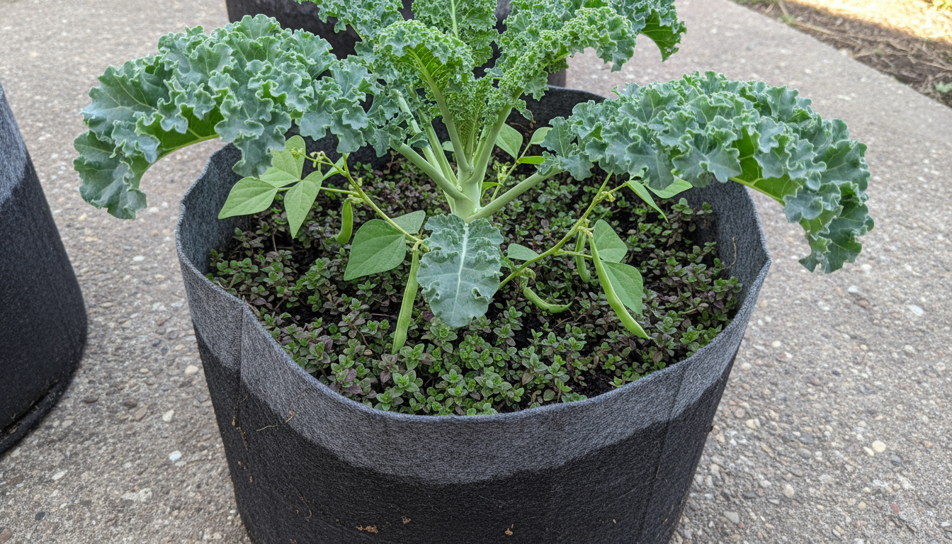 Hands carefully pour diverse heirloom seeds into a labeled paper envelope on a wooden patio table, surrounded by other saved seeds and container plant