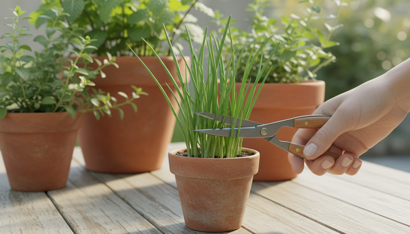 A person gently checks thriving basil and rosemary in various pots by a sunlit kitchen window, a watering can nearby, embodying holistic plant care.