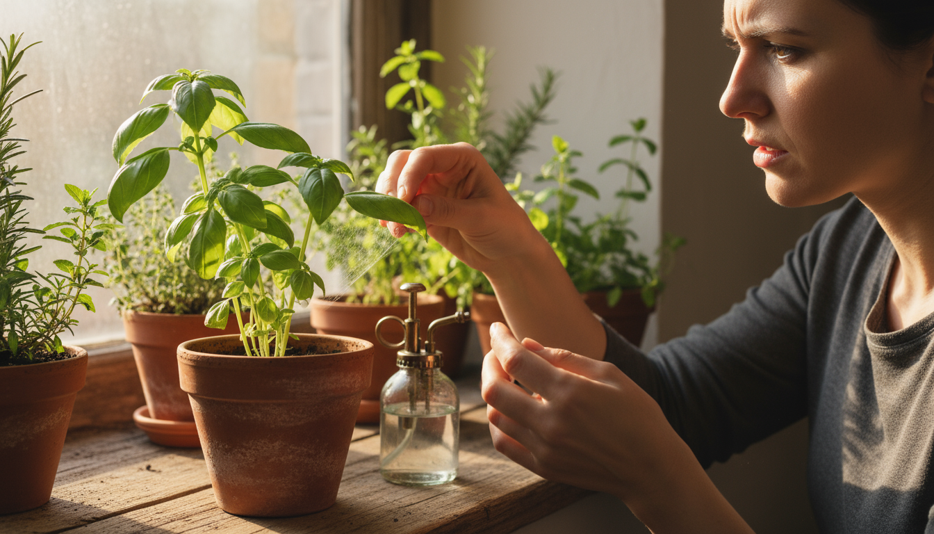 Close-up of hands gently inspecting vibrant rosemary in a terracotta pot on a plant stand, reflecting successful indoor herb cultivation.