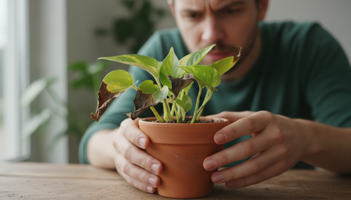 A healthy Monstera plant in a 6-inch terra cotta pot sits beside an empty 8-inch ceramic pot with a visible drainage hole, with potting mix on a light