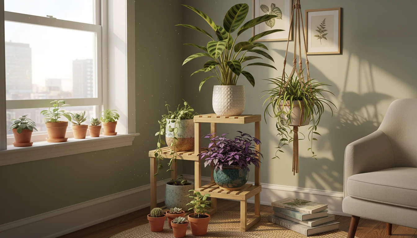Warm morning light filters through a sheer curtain onto a tiered plant stand with vibrant, pet-friendly plants in a small balcony garden.