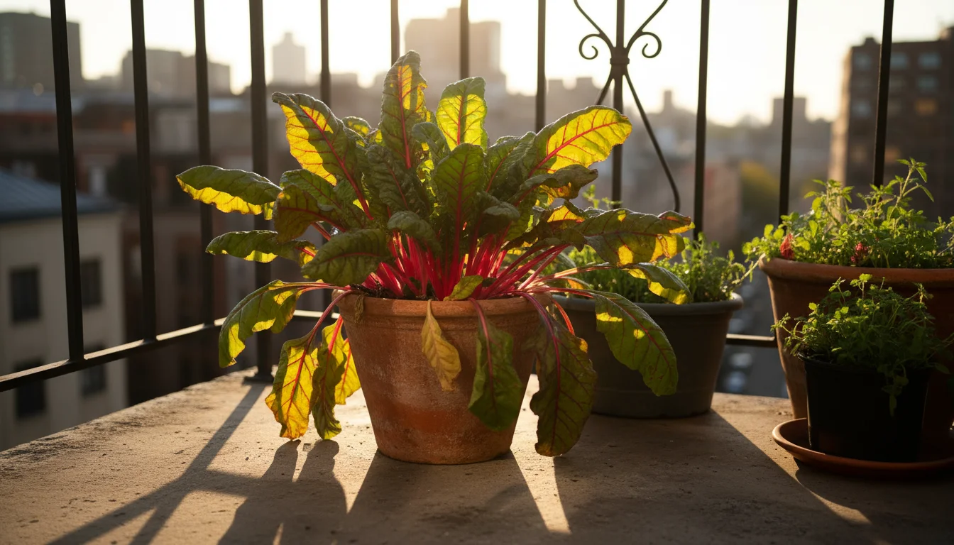 Warm morning sun illuminates a Swiss chard plant in a terracotta pot on a balcony, casting sharp shadows.