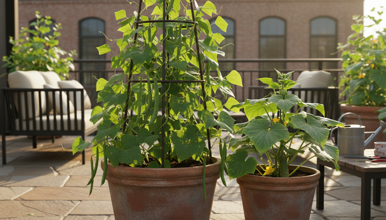 Hand with snips tending lush basil in a terracotta pot, surrounded by cilantro and parsley on a sunlit urban patio.