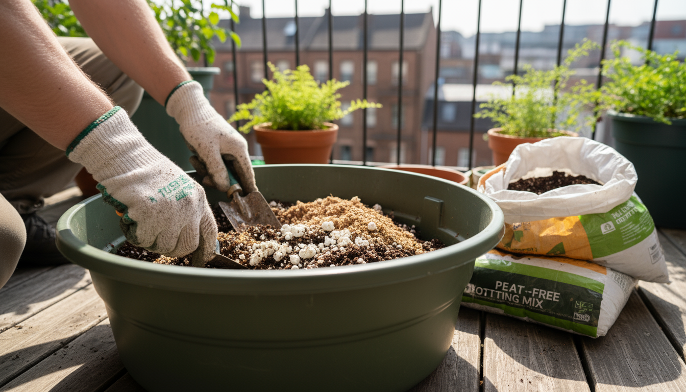 A child's hand reaches for a ripe nectarine on a patio, surrounded by thriving dwarf pear and apple trees in terracotta pots.