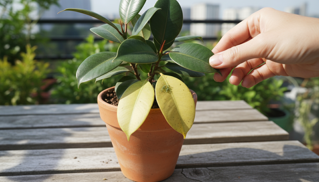A hand reaching for a Brita pitcher on a balcony table, next to a jar of water and potted plants, with a rain collection bucket in the background.