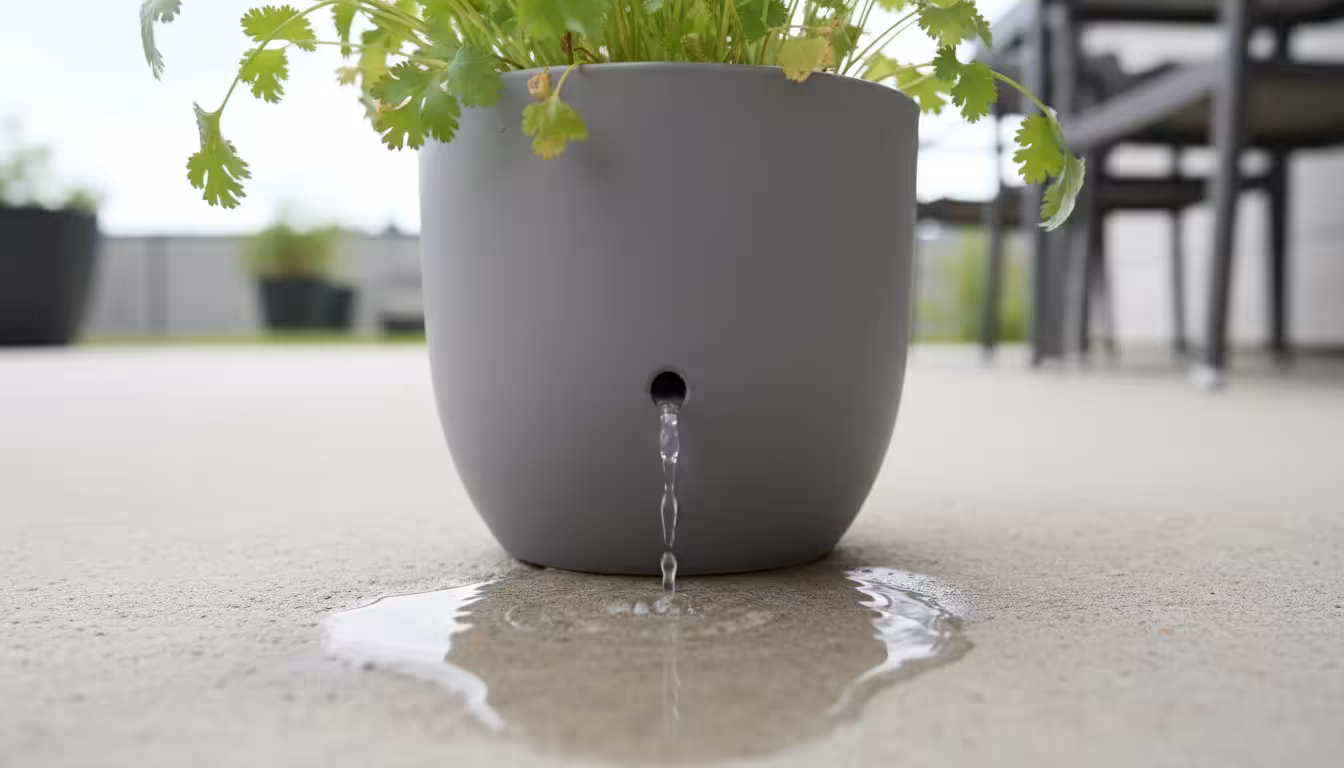 Water actively draining from the bottom of a modern grey pot containing lush green cilantro onto a light concrete patio.