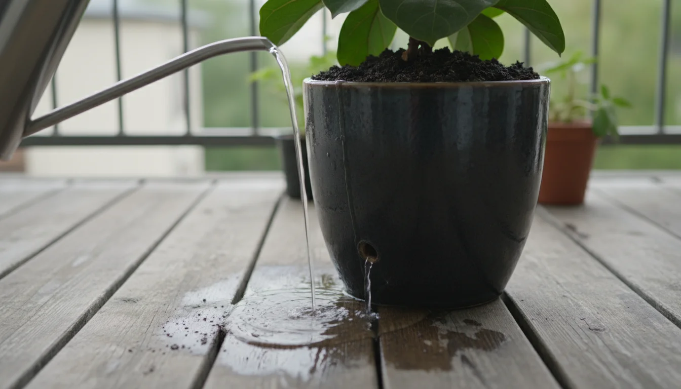 Water actively drains from a ceramic container onto a balcony floor, forming a puddle. A hand with a watering can ensures thorough saturation.