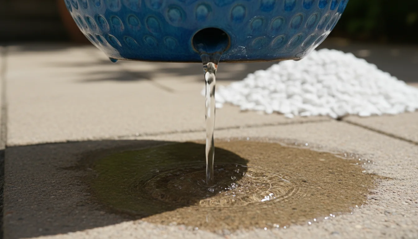 Clear water actively drains from a vibrant blue pot onto a patio paver. In the soft-focus background, light potting mix with perlite particles is visi