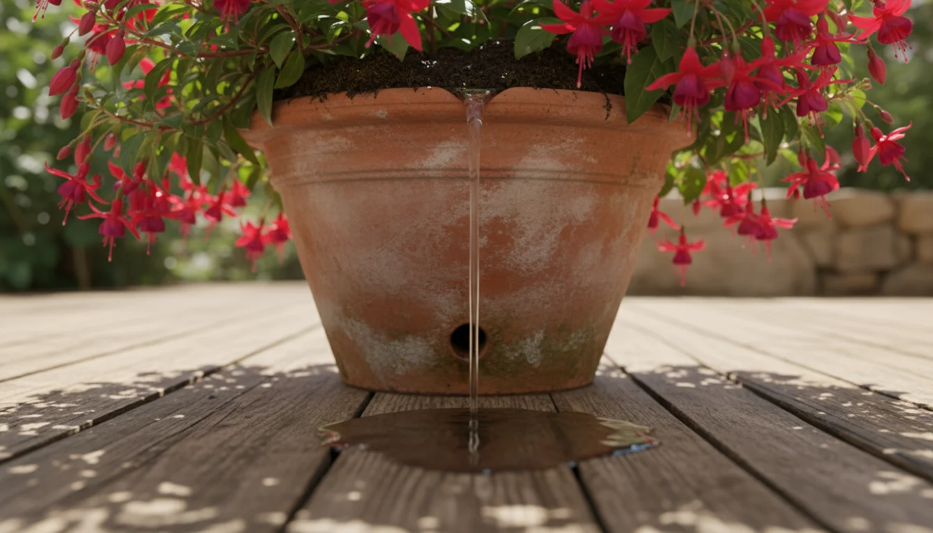 Clear water actively drips from the drainage hole of a terracotta pot with a fuchsia plant onto a sun-dappled wooden patio deck.