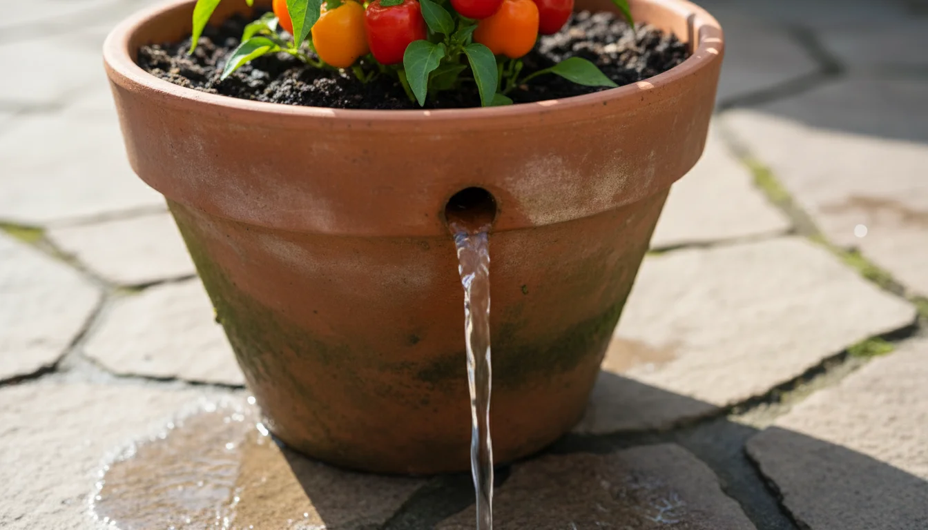 Water actively drips from the drainage hole of a terracotta pot, indicating thorough watering of a newly planted ornamental pepper.