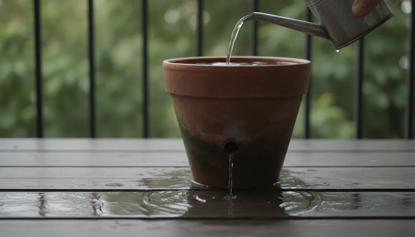 Water actively streams from the drainage hole of a terracotta pot on a wet patio. A hand holds a watering can above.