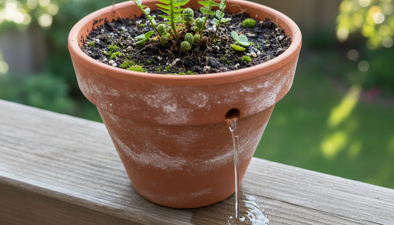 Water actively trickling from the drainage hole of a damp terracotta pot, revealing a well-aerated potting mix with perlite and bark.