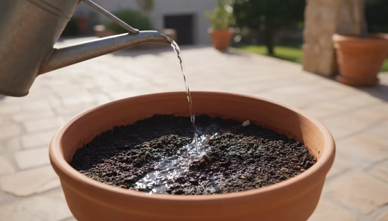 Close-up of water beading and running off dry, hydrophobic soil in a terracotta pot on a sunny patio, showing a slightly wilted petunia.