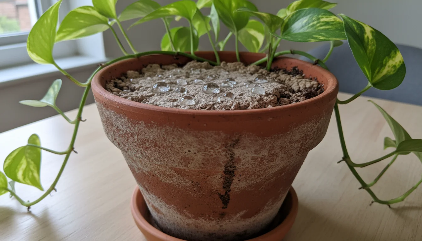 Water beads and pools on the dry, hard surface of soil in a terracotta pot with a green Pothos, showing poor water absorption.