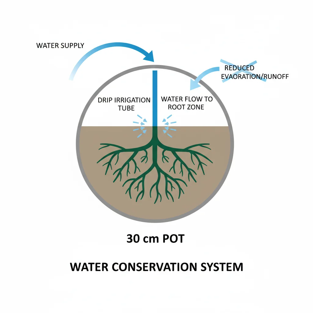 Water conservation diagram: water flows directly to plant roots in a 30cm pot. Labeled parts.